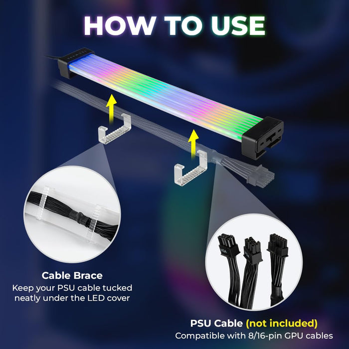 TECWARE Flex RGB Cable Cover Kit | Compatible with 24-Pin Motherboard and 8-Pin/16-Pin GPU | ARGB PSU Cable Extension with 5V 3-Pin Sync | RGB Lighting Kit for PC Cables | Black