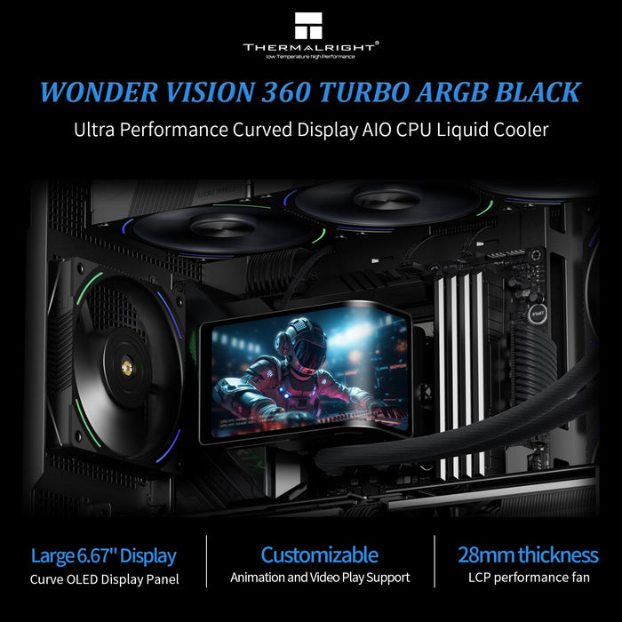 Thermalright Wonder Vision 360 Turbo ARGB Black AIO CPU Cooling,CPU Water Cooler System,6.67inch Curved Screen with 2400x1080 Resolution,for AM4/AM5,LGA1851/1700,7:3 Visual Scale Screen Ratio for 3D