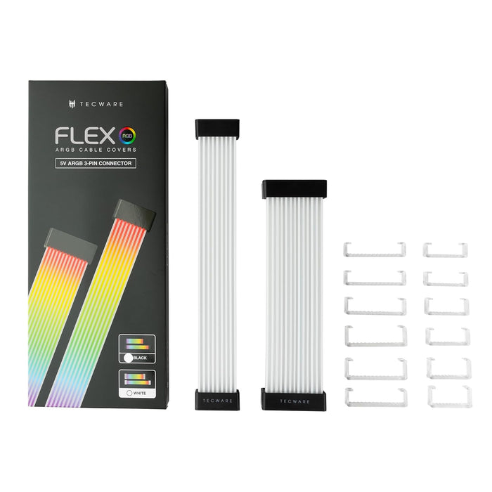 TECWARE Flex RGB Cable Cover Kit | Compatible with 24-Pin Motherboard and 8-Pin/16-Pin GPU | ARGB PSU Cable Extension with 5V 3-Pin Sync | RGB Lighting Kit for PC Cables | Black